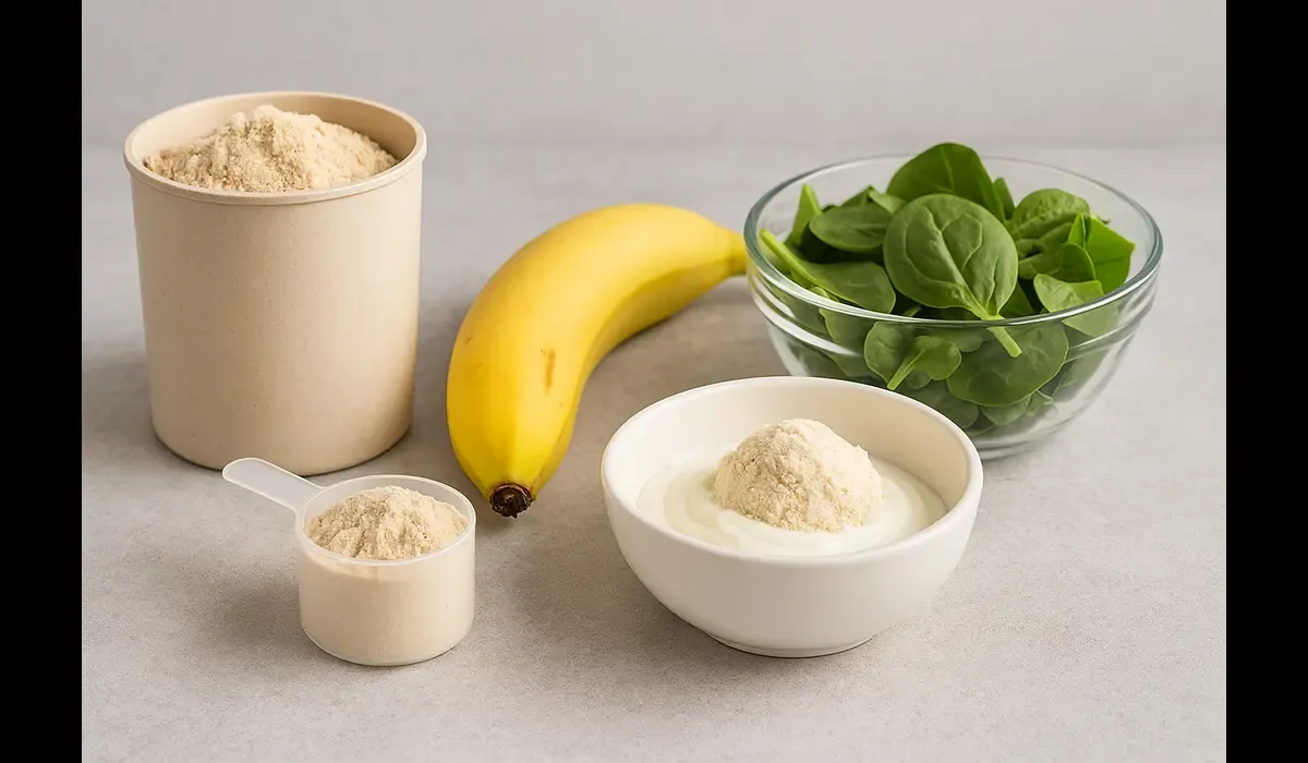 Protein smoothie ingredients for high-protein breakfast.