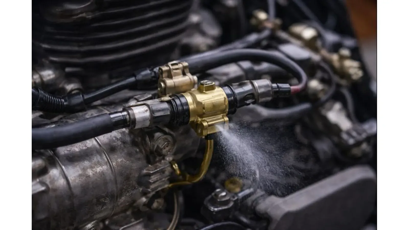 A motorcycle fuel injector with uneven fuel spray, representing poor fuel atomization that can stop combustion even when fuel is present.