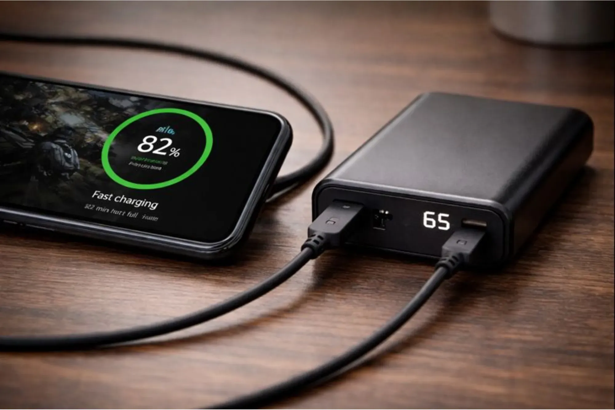 USB-C fast charging power bank connected to gaming smartphone