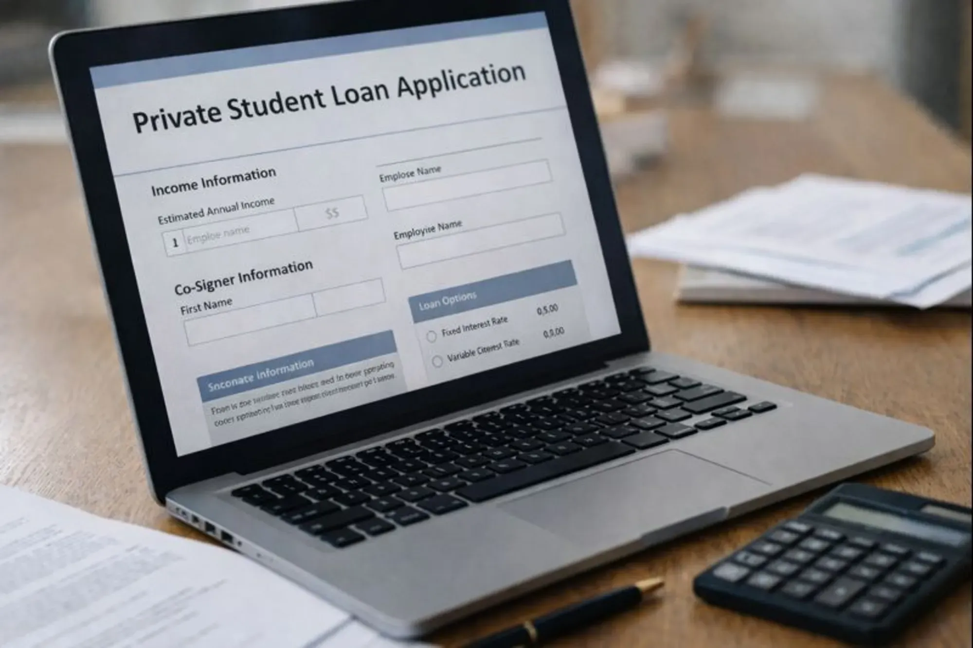 Private student loan application form open on a laptop with financial documents nearby.
