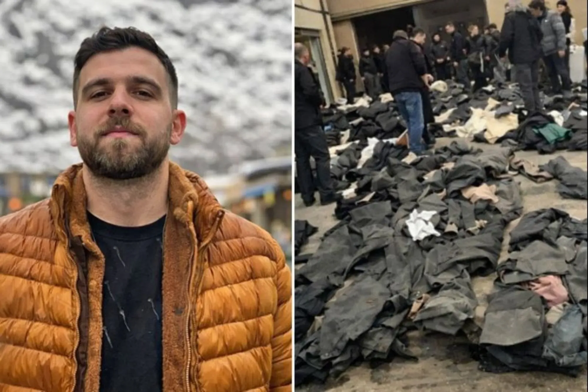 Split image showing a man standing outdoors and piles of discarded clothing on the ground