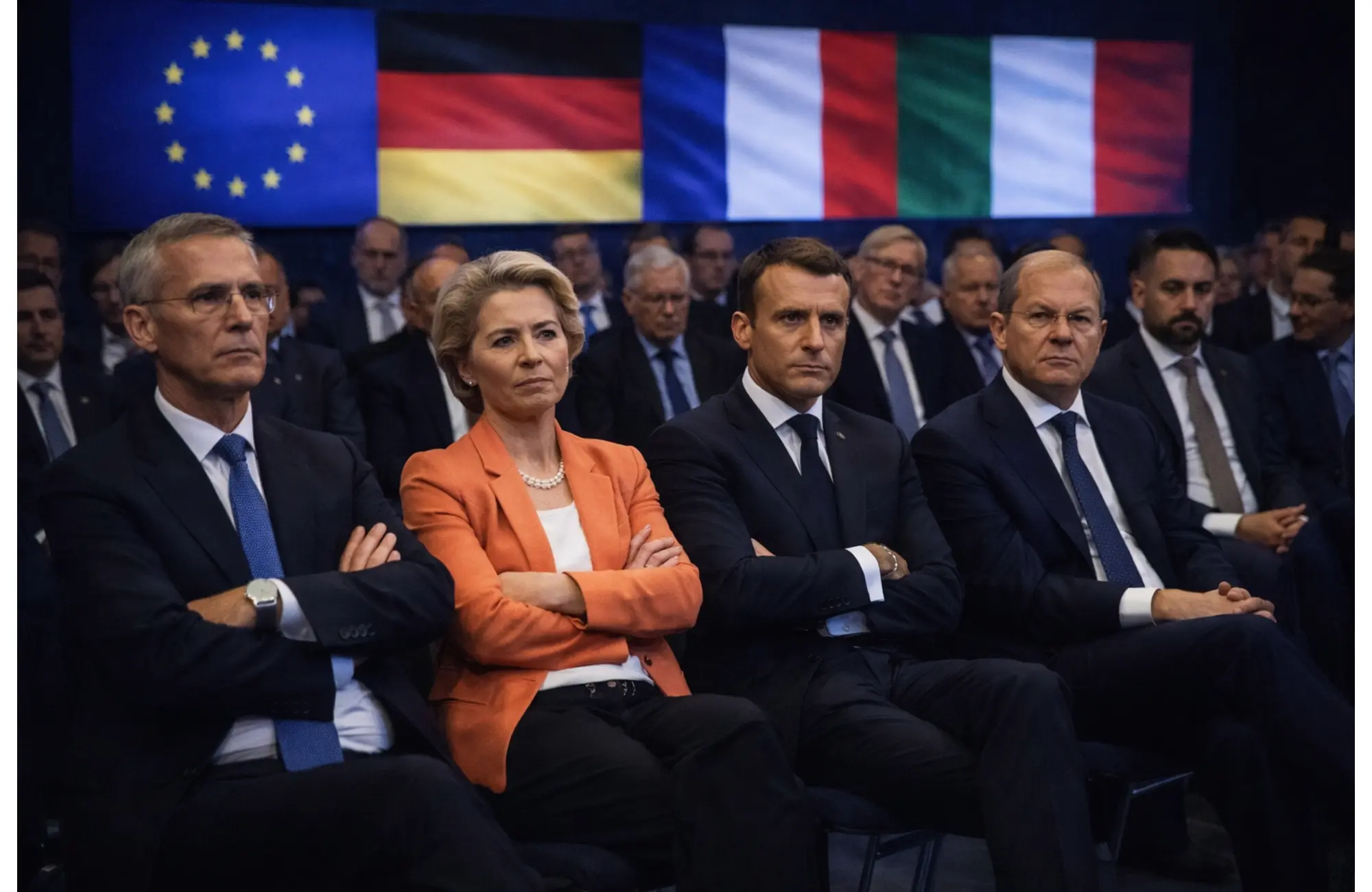 European officials at Davos listening to Trump’s speech with serious expressions.