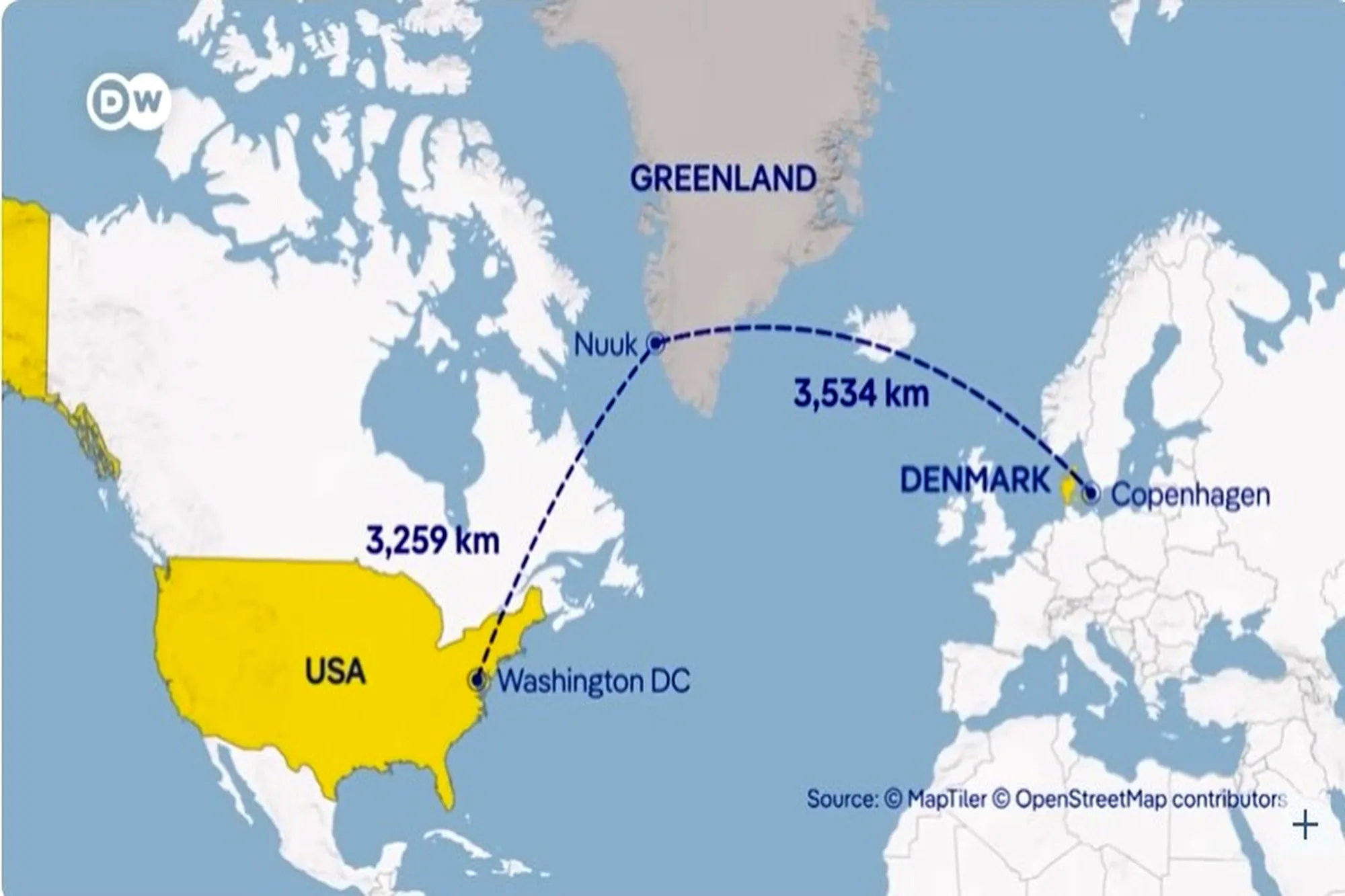 Map showing distances between Greenland, Denmark, and Washington DC in the United States.