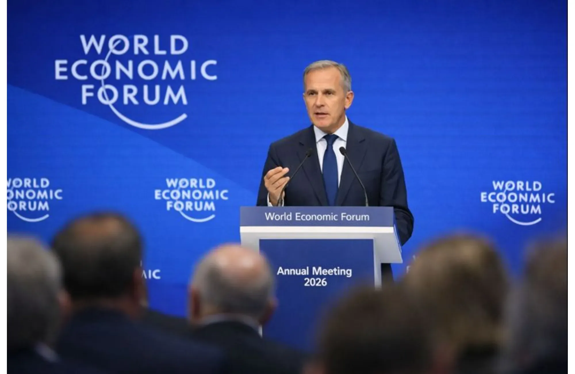 Mark Carney speaking at Davos after reaffirming his remarks following a call with Donald Trump