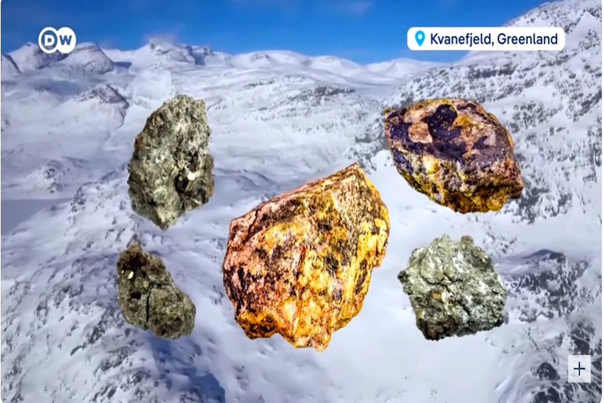 Rare earth mineral rocks displayed against a snowy landscape in Kvanefjeld, southern Greenland.