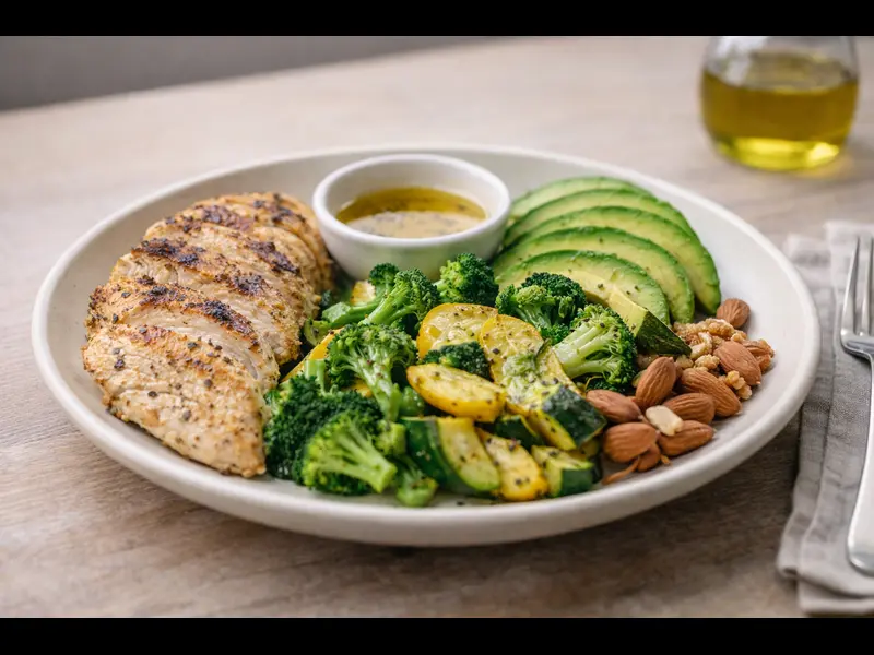 A side view of a keto lunch with grilled protein, low-carb vegetables, avocado, and olive oil, showing a practical meal setup for weight loss.