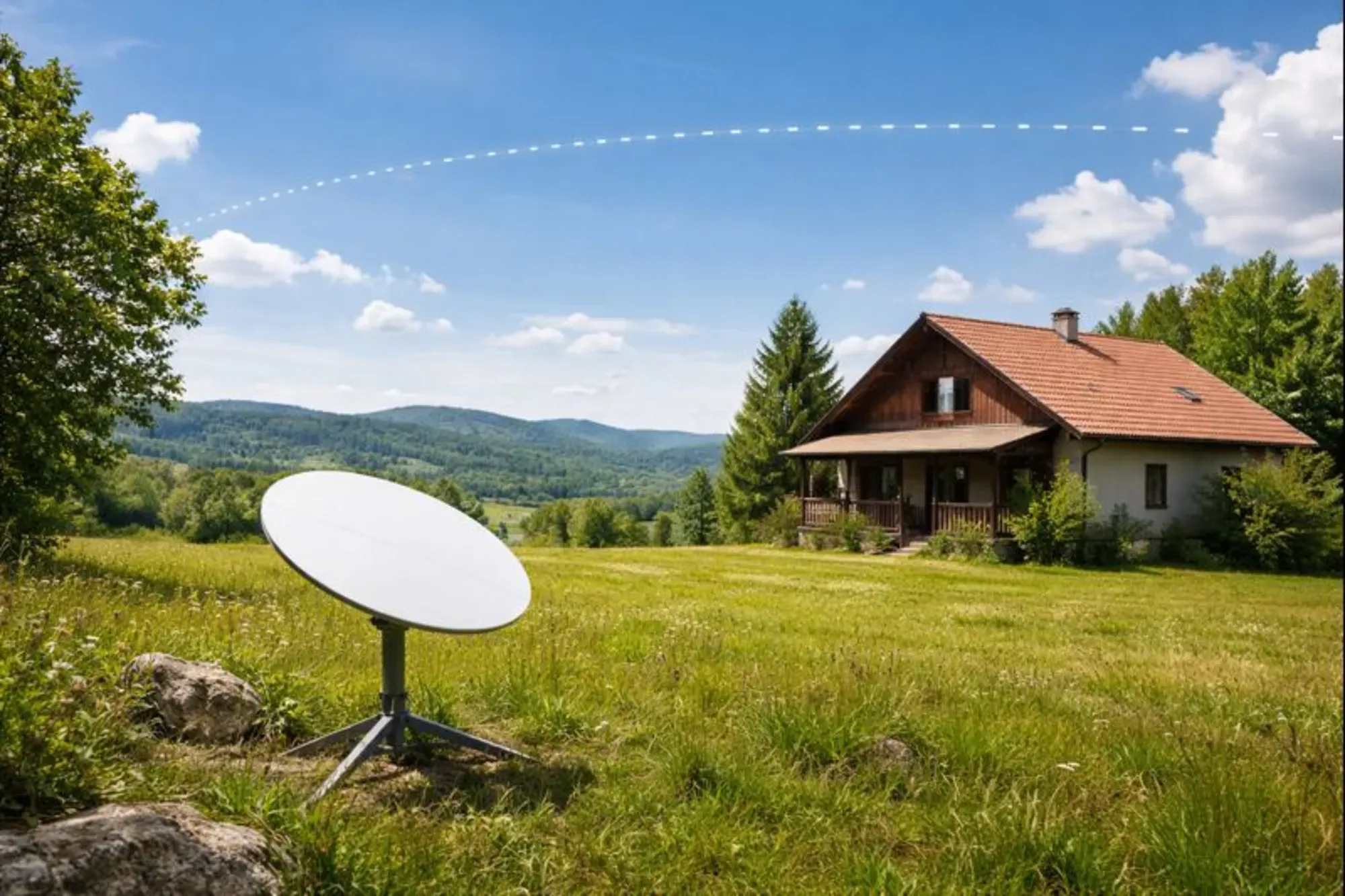Starlink satellite dish installed at a rural home with a clear view of the sky.