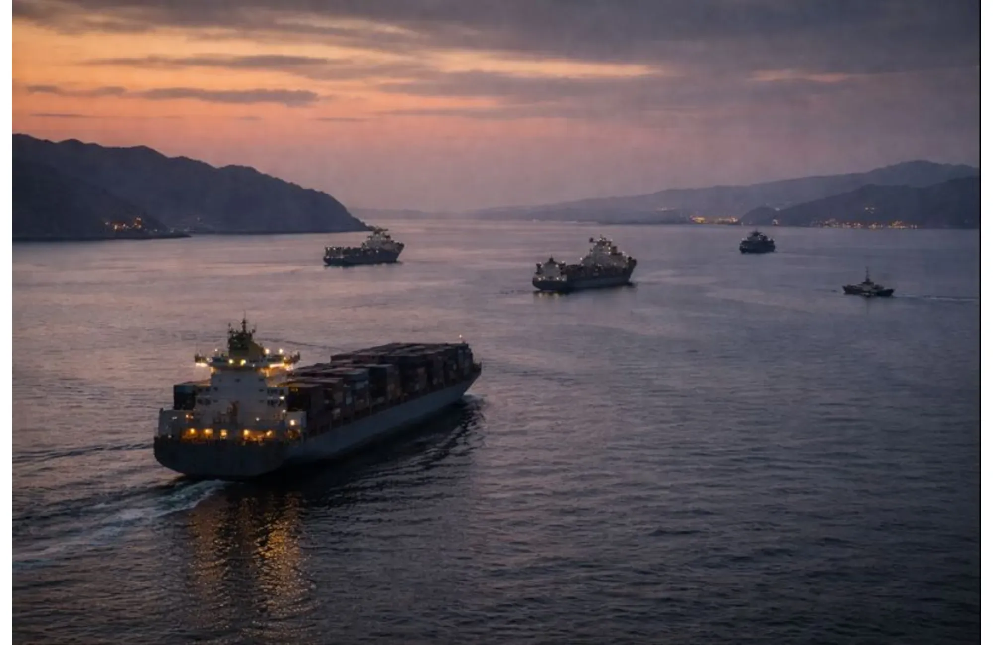 Commercial shipping moving through the Strait of Hormuz.