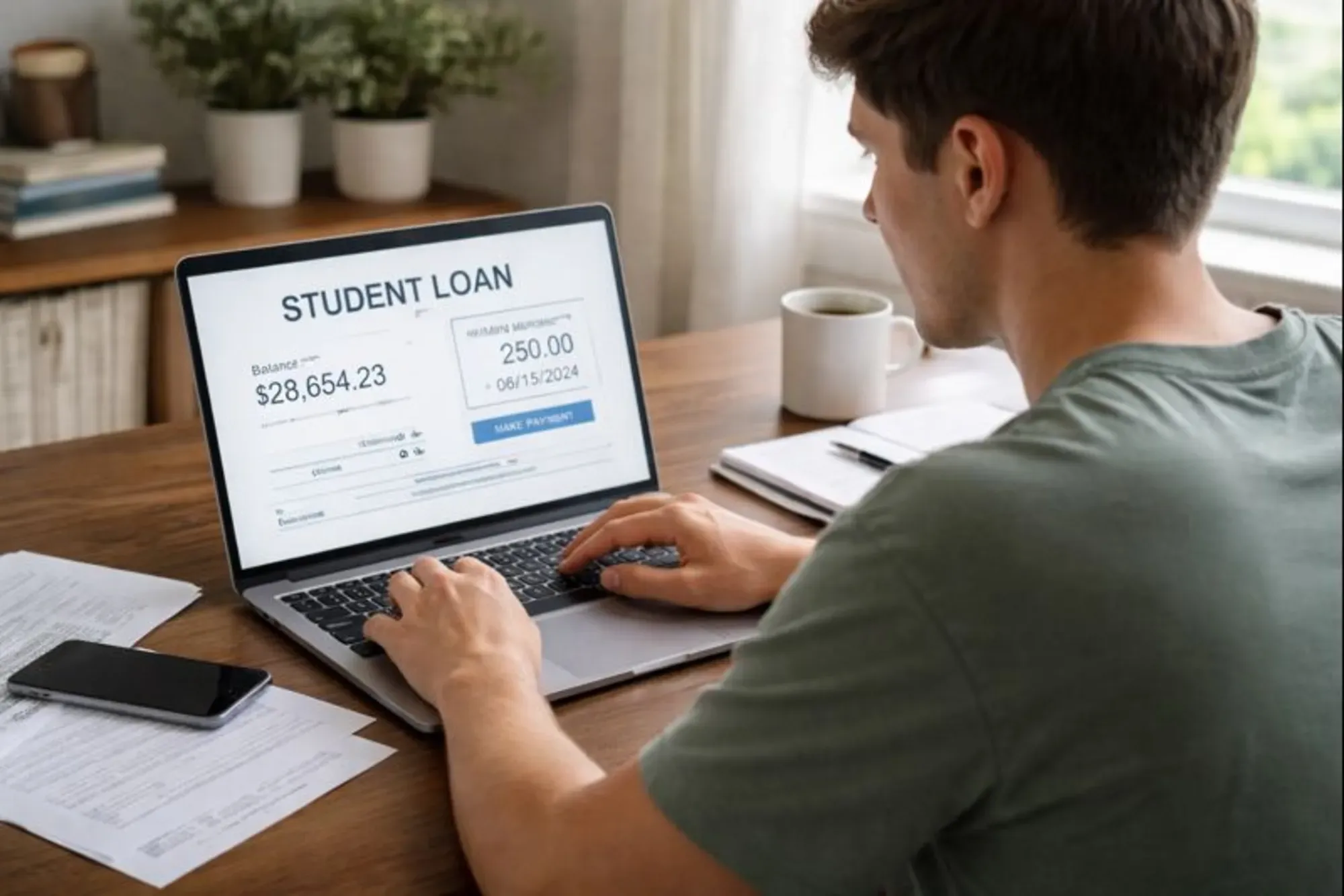 A college graduate reviewing student loan repayment details on a laptop at home.
