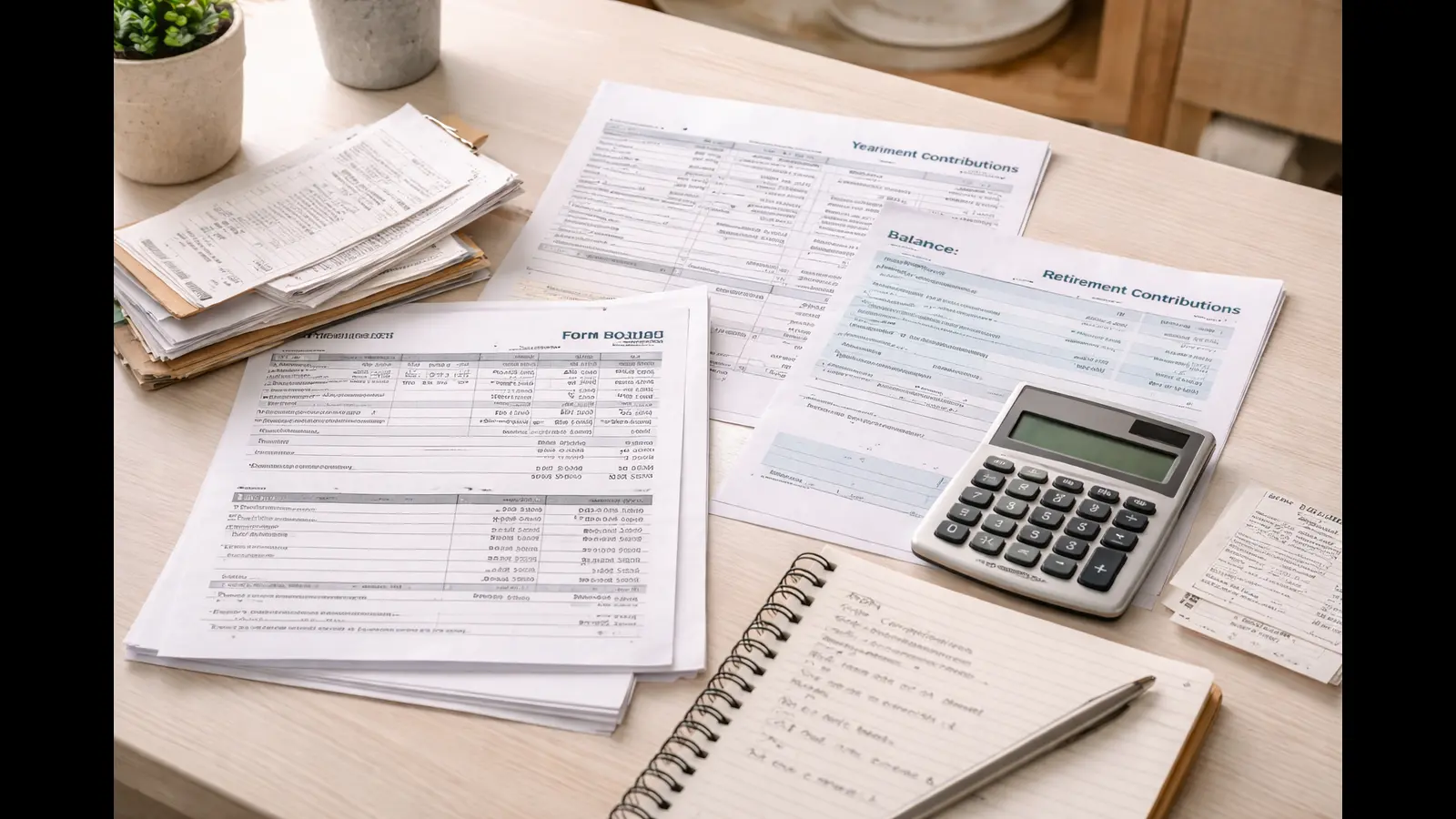 A desk with tax forms representing how salaried income and deductions are examined to understand tax outcomes.