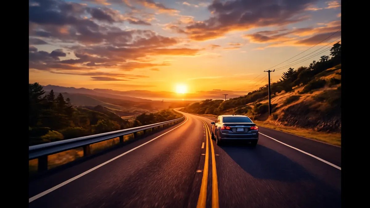 View of the best road trip destinations in the USA with a scenic highway at sunset.