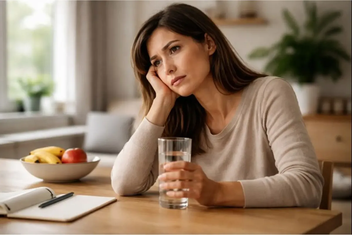 A person feeling tired and thirsty at home, showing common early signs that may appear before diabetes is diagnosed.
