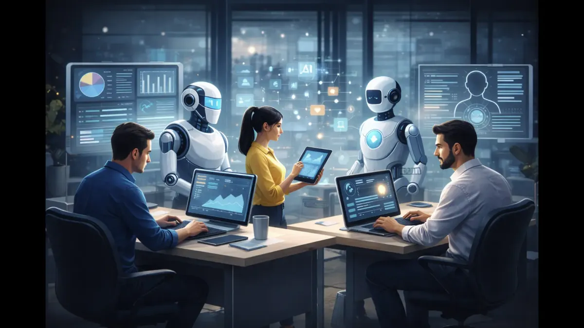 An illustration showing people working alongside artificial intelligence tools, representing how AI is changing daily job tasks rather than replacing entire roles.