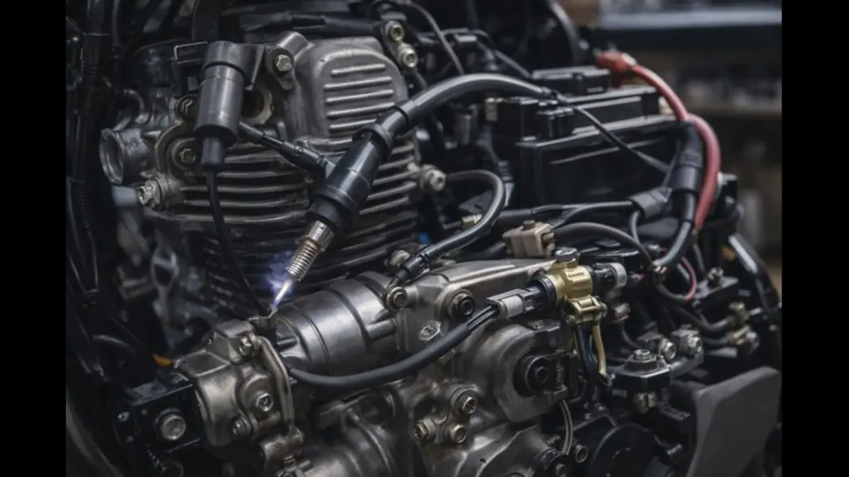 A motorcycle engine being cranked with ignition and fuel components visible, showing a condition where the engine turns but does not start due to a combustion-related fault.