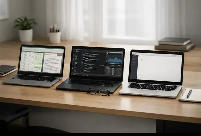 A desk setup showing three laptops.