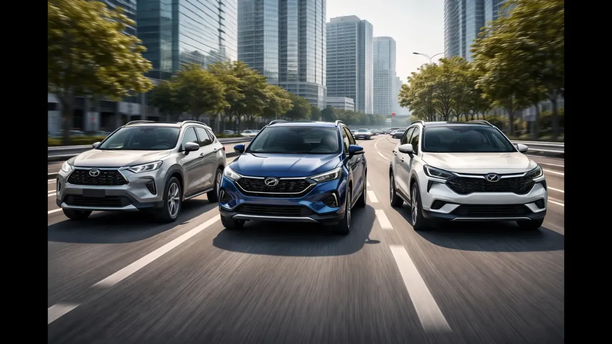 Three modern SUVs on a city highway, representing different engineering approaches used by Toyota, Hyundai, and Kia in SUV design.