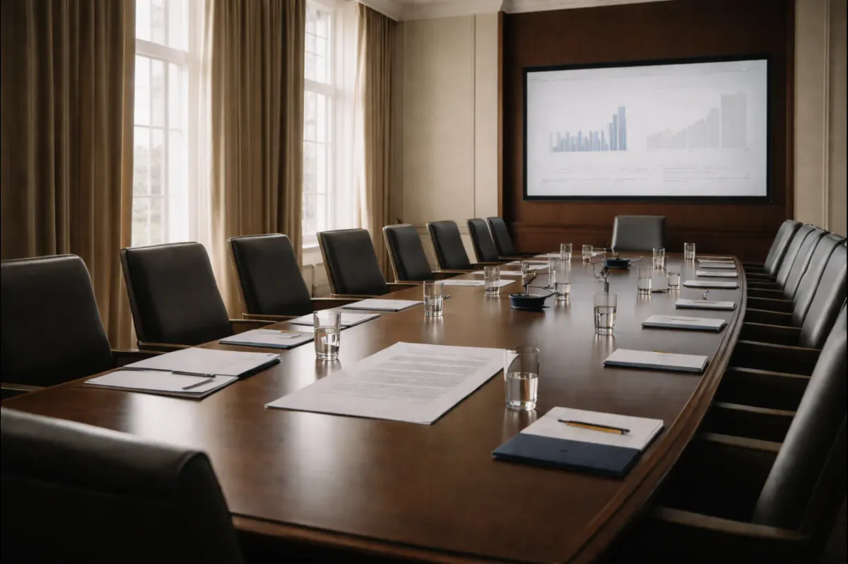An empty Federal Reserve–style meeting room representing interest rate decisions and economic policy planning.
