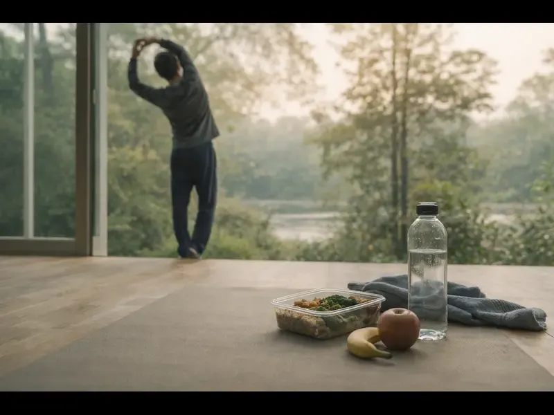 A calm scene showing a person maintaining a steady fitness routine with simple nutrition cues, focused on sustainable energy rather than intensity.