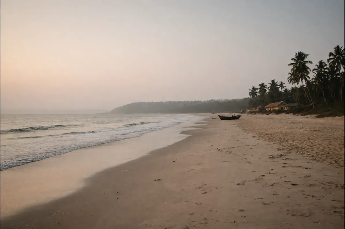Quiet beach in Goa during soft daylight, showing a calm setting ideal for thoughtful travel planning.