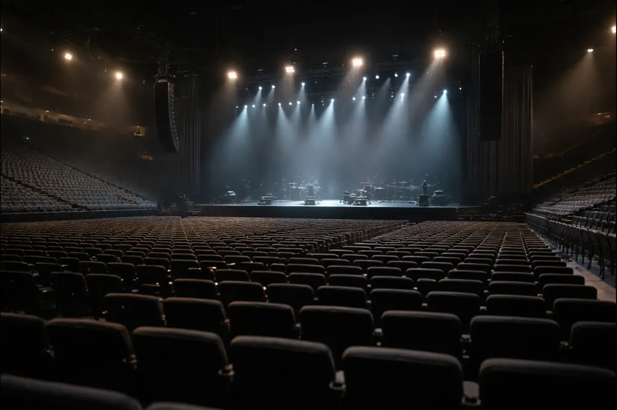 A quiet moment inside an empty concert venue before doors open, reflecting the decisions fans face when planning a live music experience.