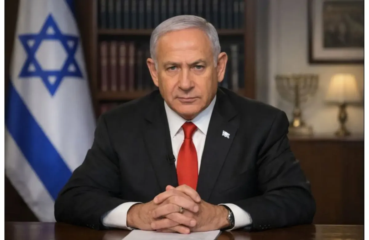 Israeli Prime Minister Benjamin Netanyahu delivering a televised address on national security.