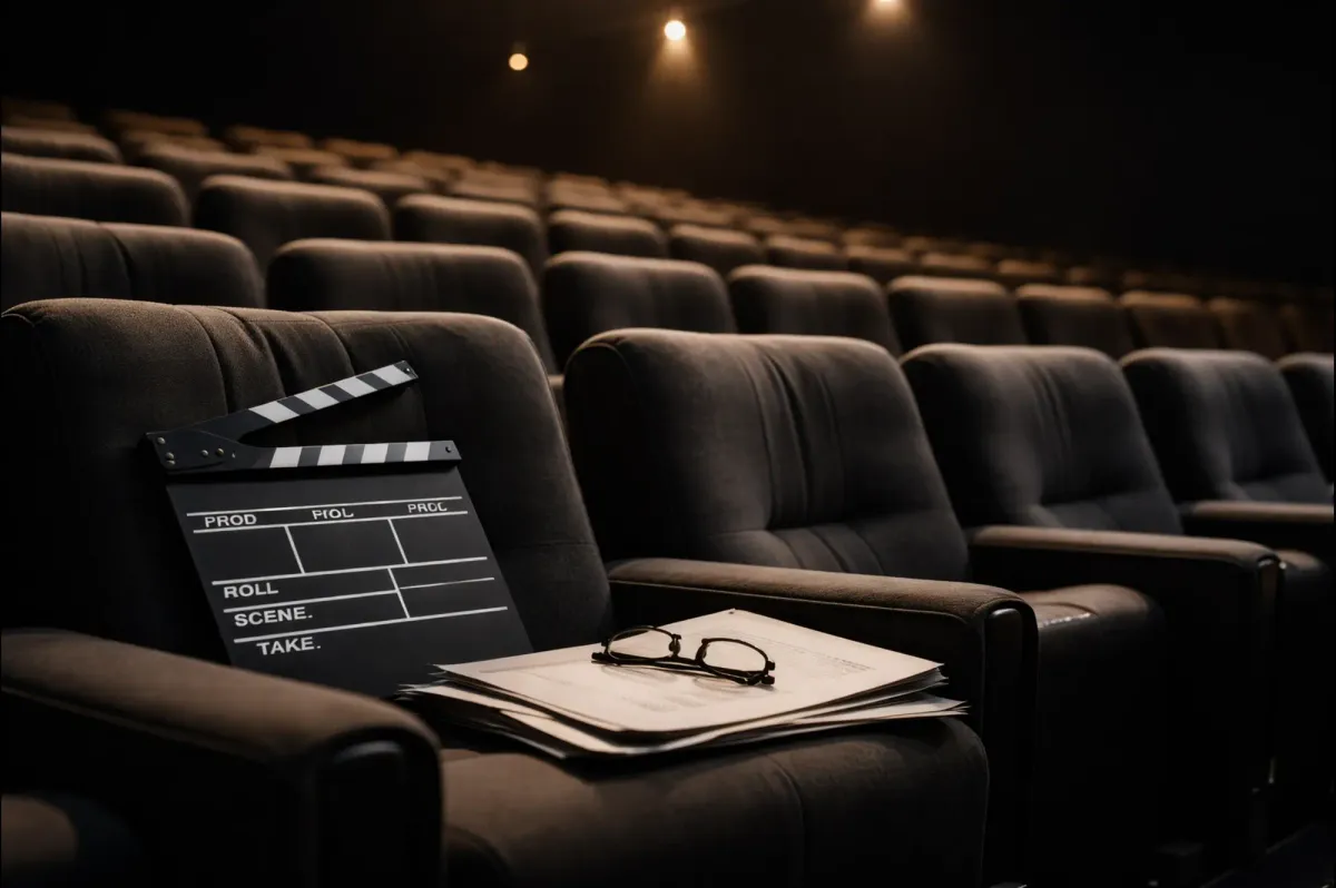 Empty theater seats and film-related materials symbolizing anticipation around Oscar nominations 2026