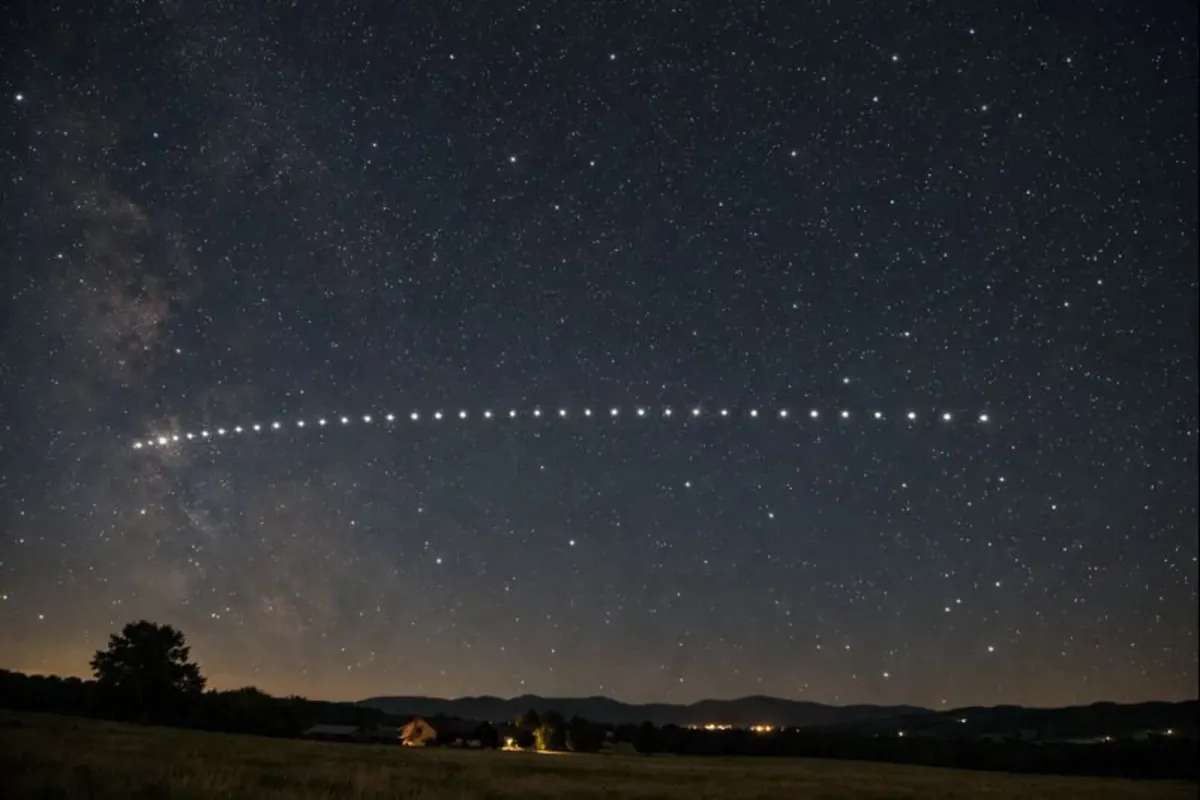 Starlink satellites appearing in a straight line as they move across the night sky.