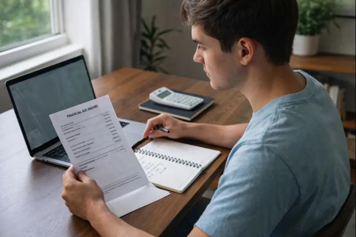 A college student reviewing a financial aid letter and student loan information on a laptop at home.