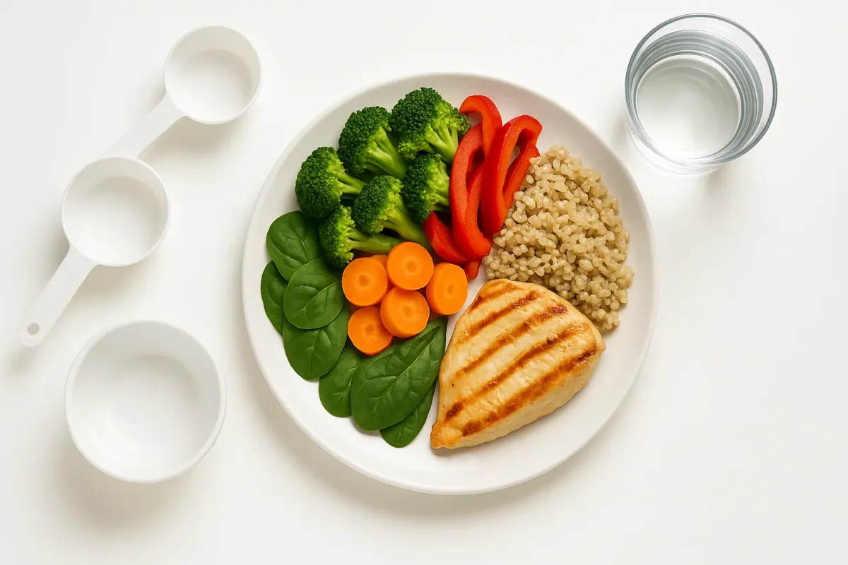 Portion control plate with vegetables, grilled chicken, brown rice, and measuring cups on white background