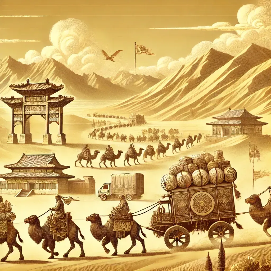 A depiction of the Silk Road, featuring ancient caravans traveling across deserts and mountains, with silk, spices, and other