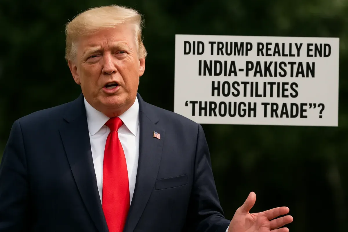 Donald Trump speaking with a sign questioning if he ended India-Pakistan hostilities through trade.