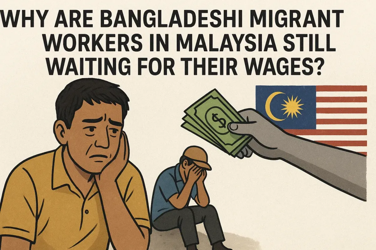 A group of Bangladeshi Migrant Workers in Malaysia wearing blue caps and casual clothing standing together on a city street,