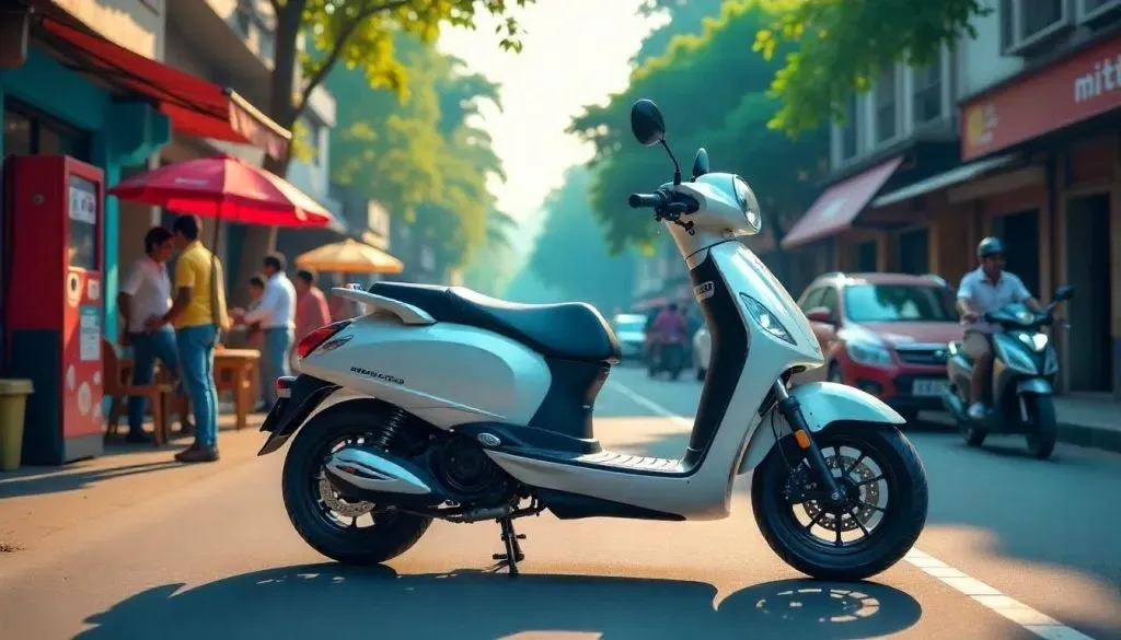 Stylish white scooter parked on a busy Indian street in daylight
