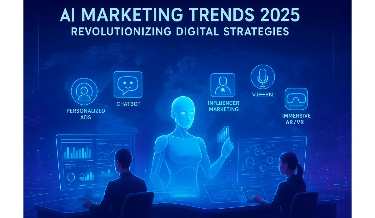 Futuristic AI marketing dashboard showcasing AI marketing trends 2025 with AR and chatbot interfaces.