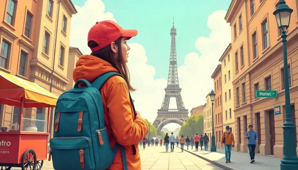 Budget traveler with backpack exploring Paris near the Eiffel Tower.