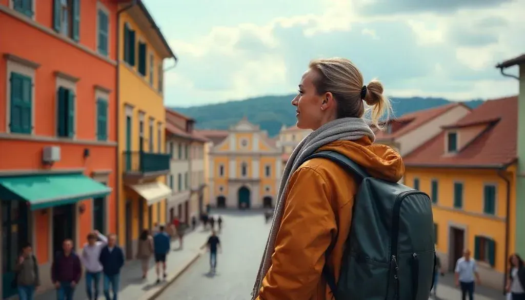 Solo woman traveler with a backpack exploring colorful European streets