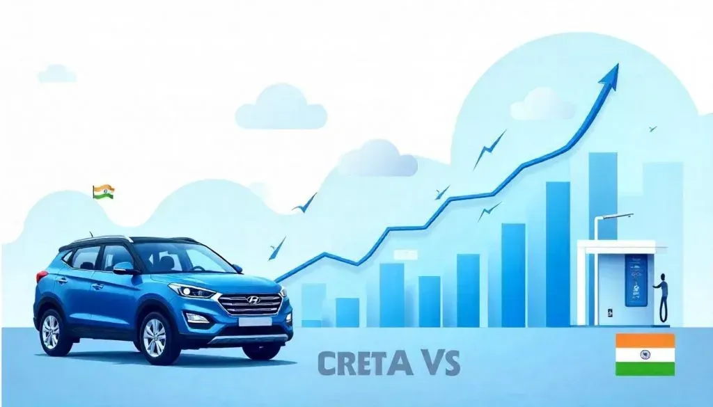 Hyundai Creta in front of stock market with Hyundai India share price ticker