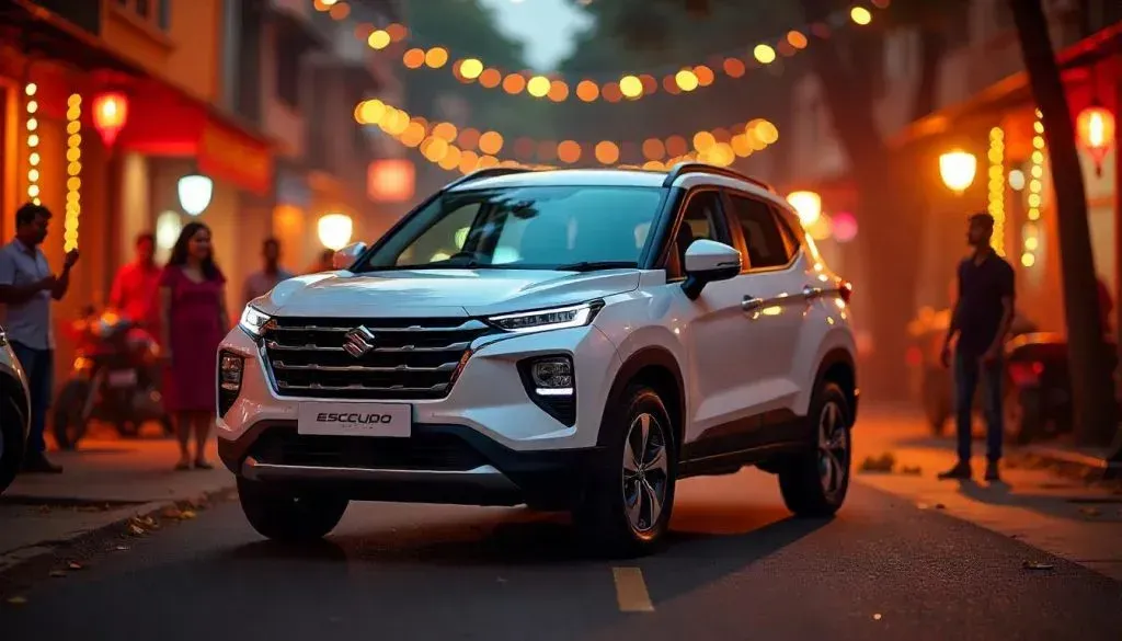 Maruti Escudo Hybrid SUV parked on a festive Diwali street with a family.