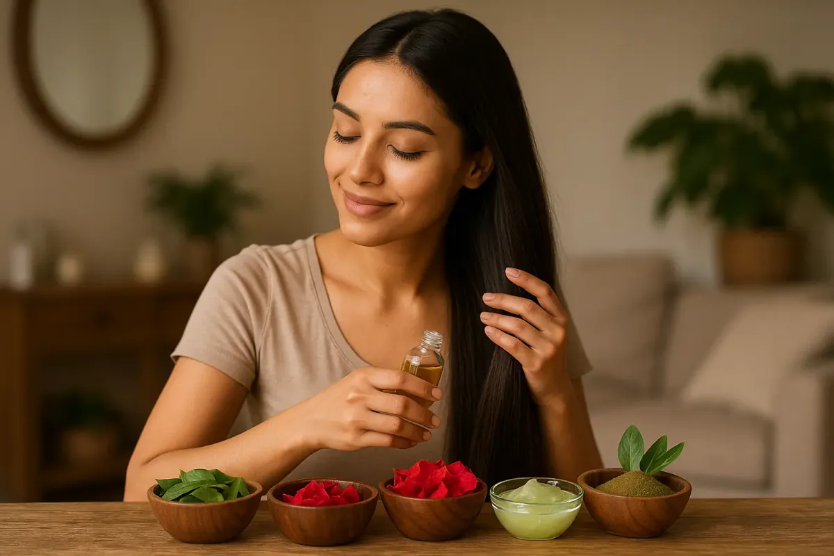 Woman applying herbal oil with natural ingredients for healthy hair care at home