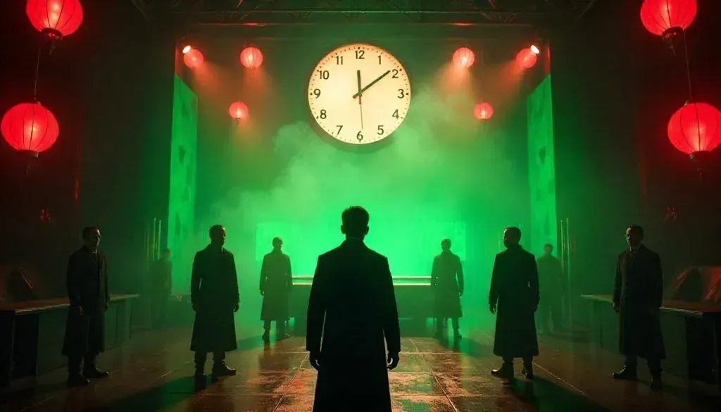 Dark game arena with a giant clock and masked guards standing under red lanterns in Squid Game Season 3