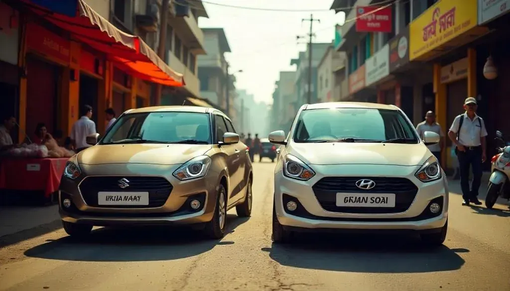 Maruti Suzuki Swift and Hyundai Grand i10, top used cars under 5 lakhs, parked in a lively Indian market.