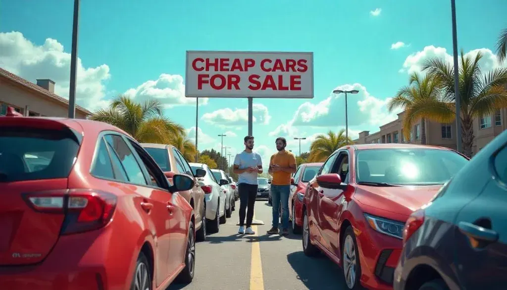 Group browsing cheap cars for sale at a car lot with Toyota Corolla and Honda Civic.