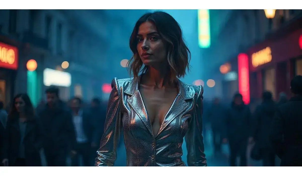 Most Awards in Hollywood woman in a shiny silver outfit standing in a vibrant city street with neon lights and blurred figure