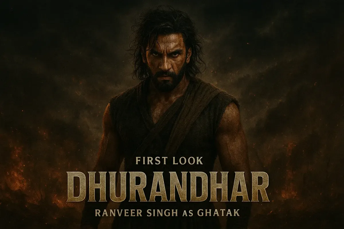Ranveer Singh in an intense pose with the text "Ghayal Hoon Isliye Ghatak Hoon" overlaid, promoting his first look in Dhurand