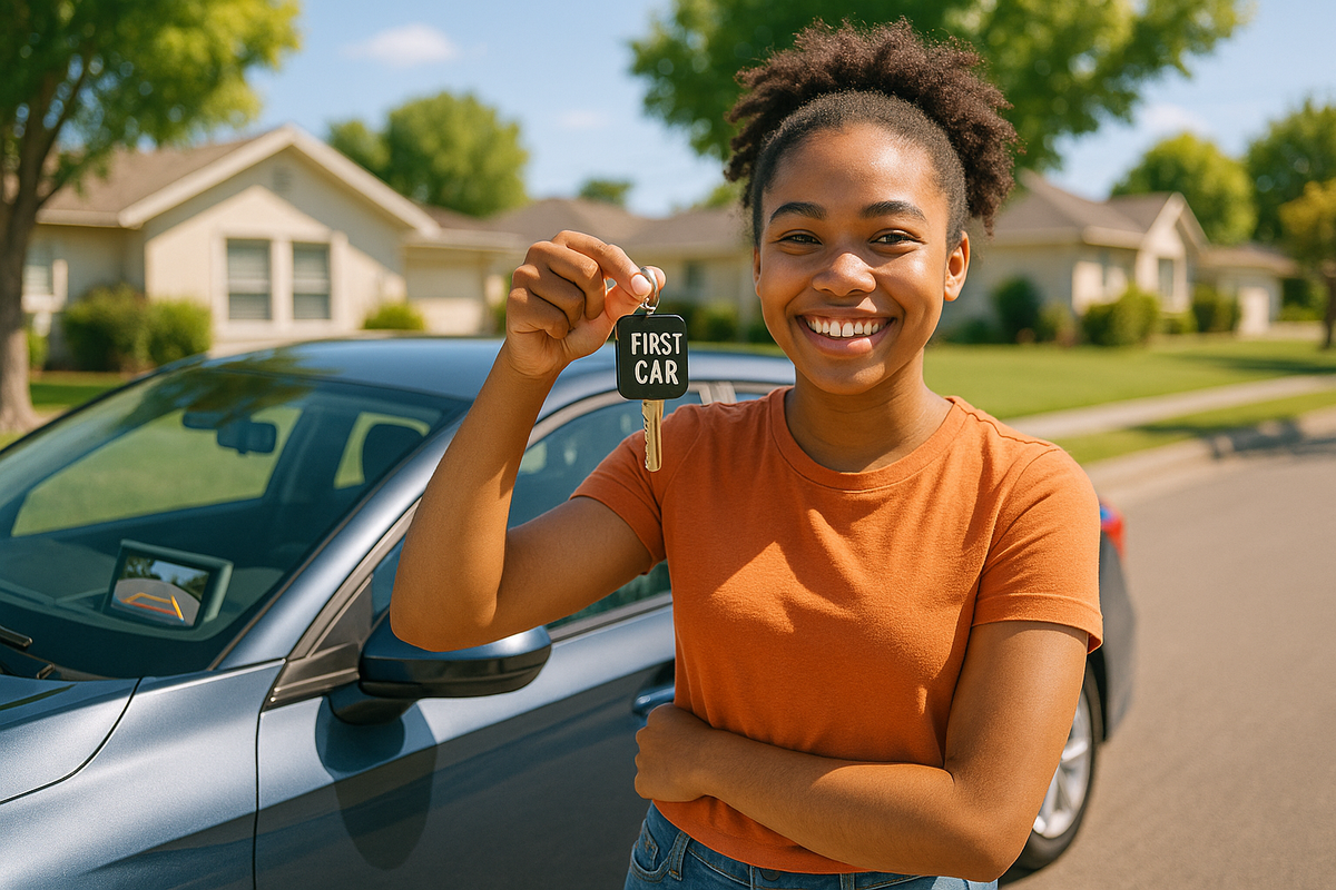 Best cars for first-time drivers, including top reliable cars for new drivers on a budget, parked in a sunny neighborhood.