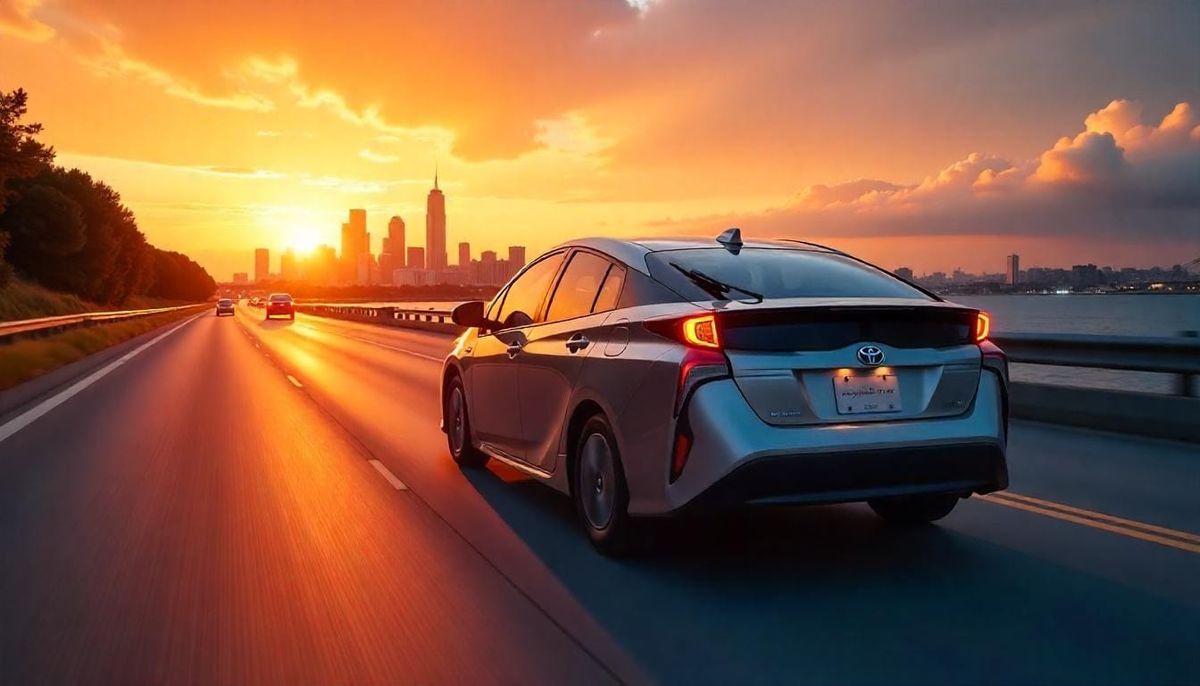 Toyota Prius, one of the best fuel-efficient cars for long-distance commuting, driving on a highway.