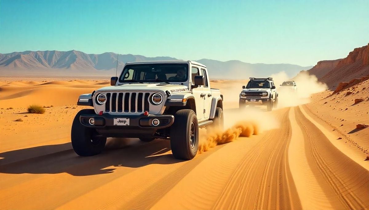 Jeep Wrangler Rubicon and Ford Bronco Raptor, top-rated SUVs for off-road adventures in 2025, driving through desert dunes.