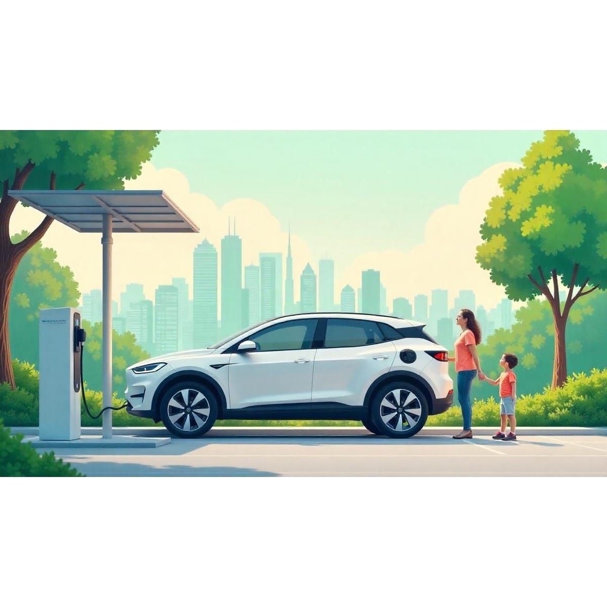 Family with electric vehicle at charging station, showcasing pros and cons of owning an electric car in 2025.