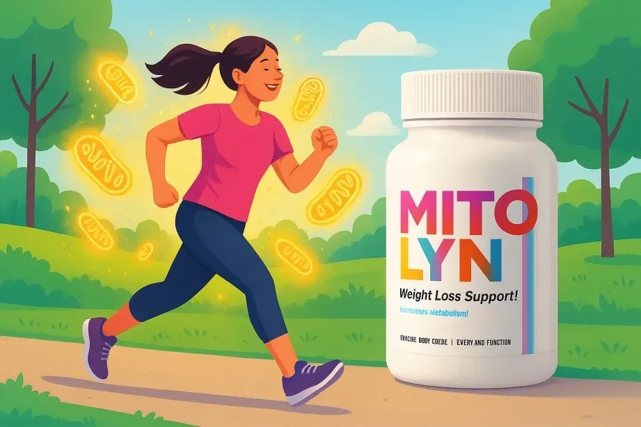 Woman jogging with glowing mitochondria particles and Mitolyn supplement bottle in park