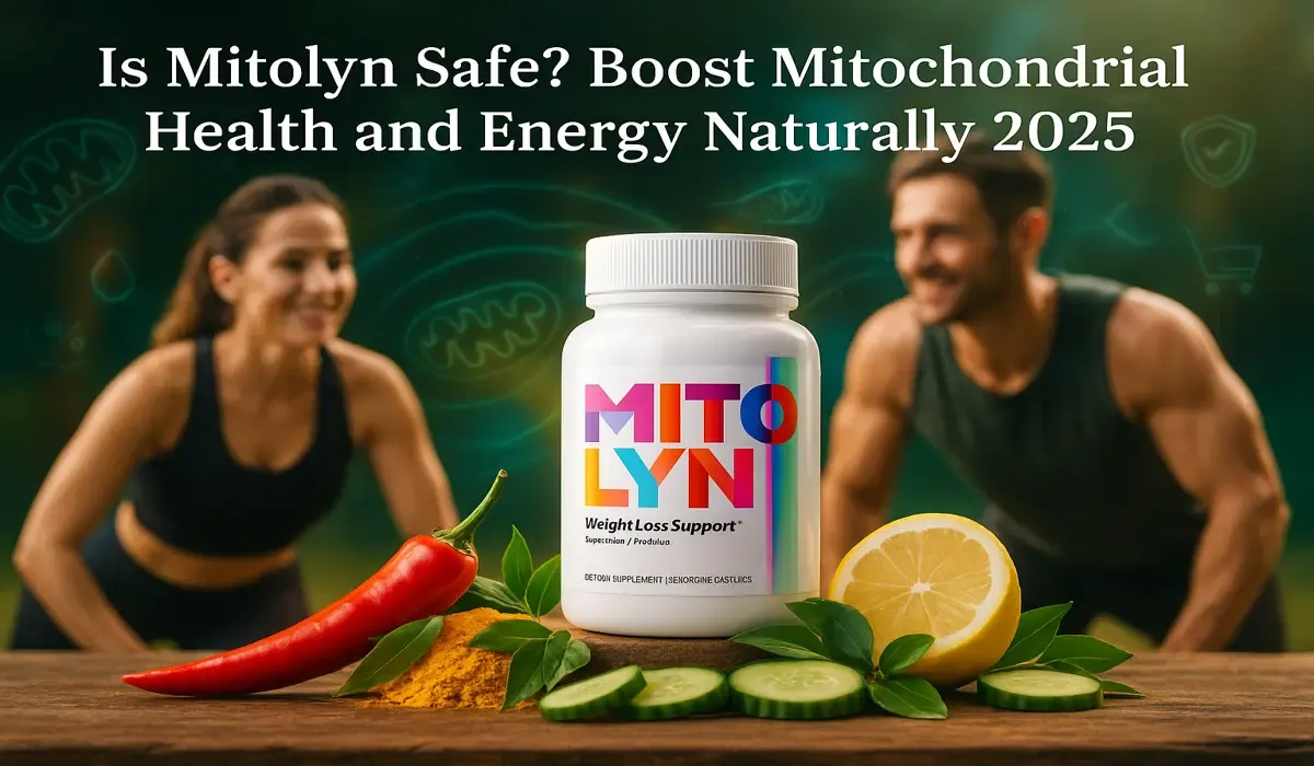 Mitolyn supplement bottle with chili, lemon, cucumber and exercising man and woman